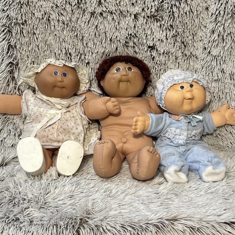 Set/3‎ Vtg Coleco Cabbage Patch Kids Dolls Brown Hair Bald Brown Green Blue Eyes